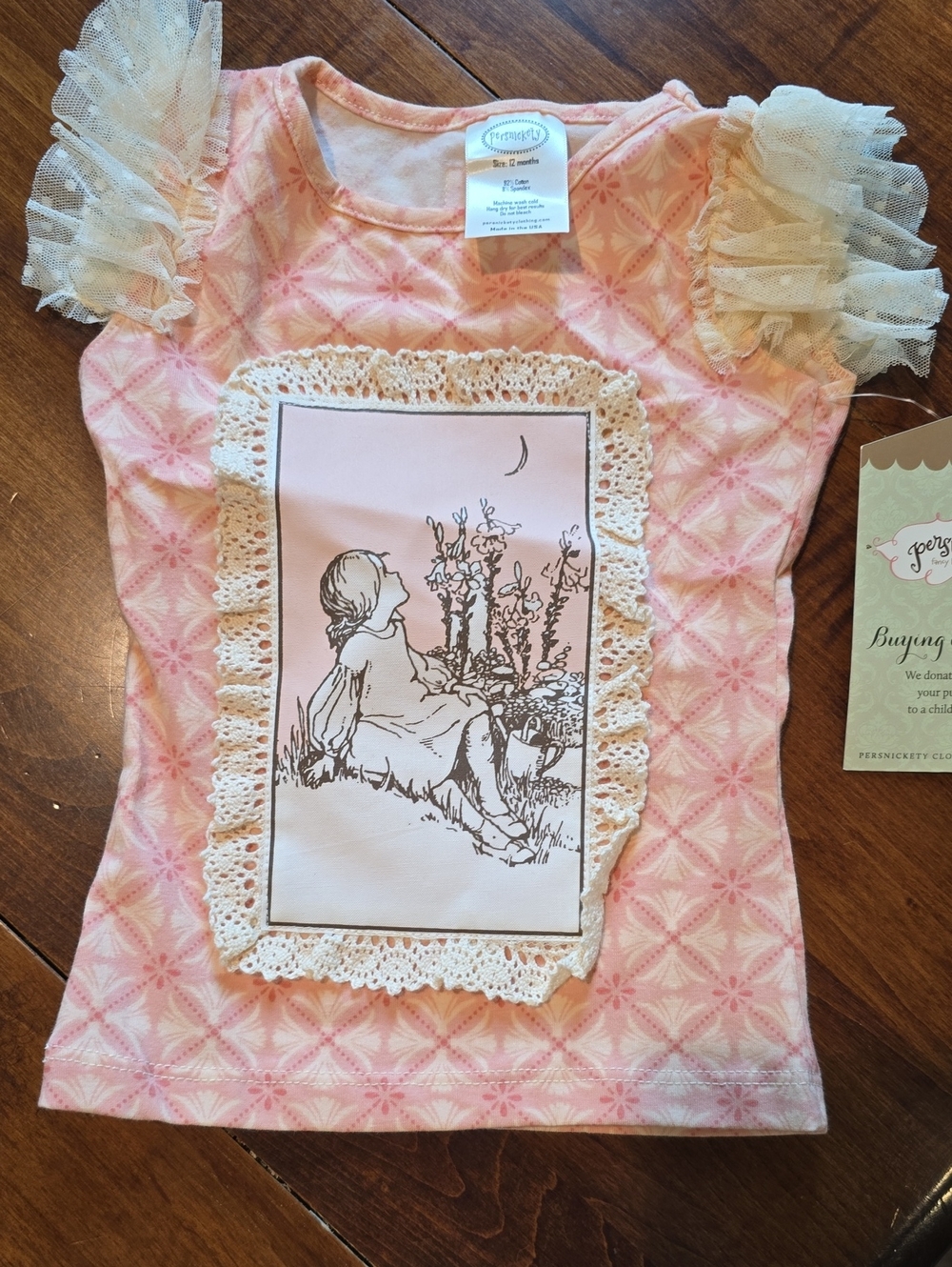 Persnickety Pink Lace-Trim Graphic Short Sleeve Tee